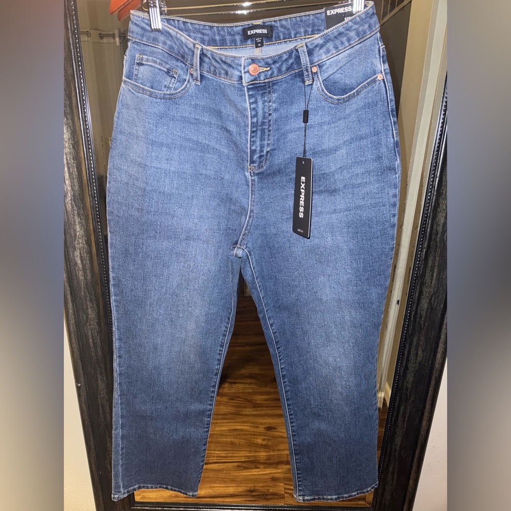 Express Women's Classic Blue Straight High Rise Dark Wash Jeans